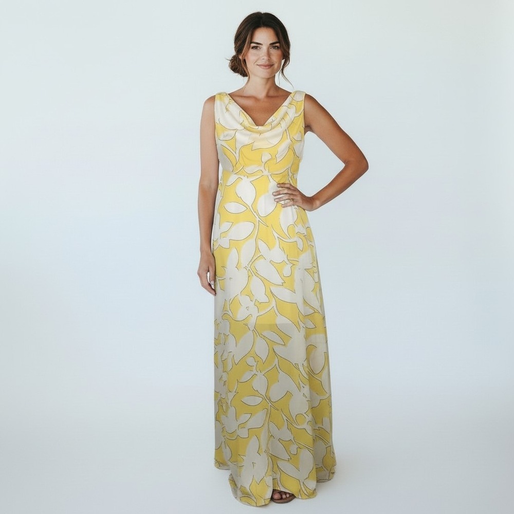 Bisou Bisou Michele‎ Bohbot Yellow Floral Cowl Neck Maxi Dress Size 8 NWT